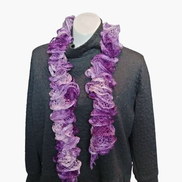 Handmade Purple Ruffle Scarf 4x56 I Lightweight Crochet Lace Boho Festival - Picture 3 of 4
